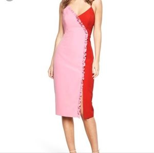 Bardot Dress Fruity Pink Red Colorblock Ruffle Midi Dress Size Large NWT